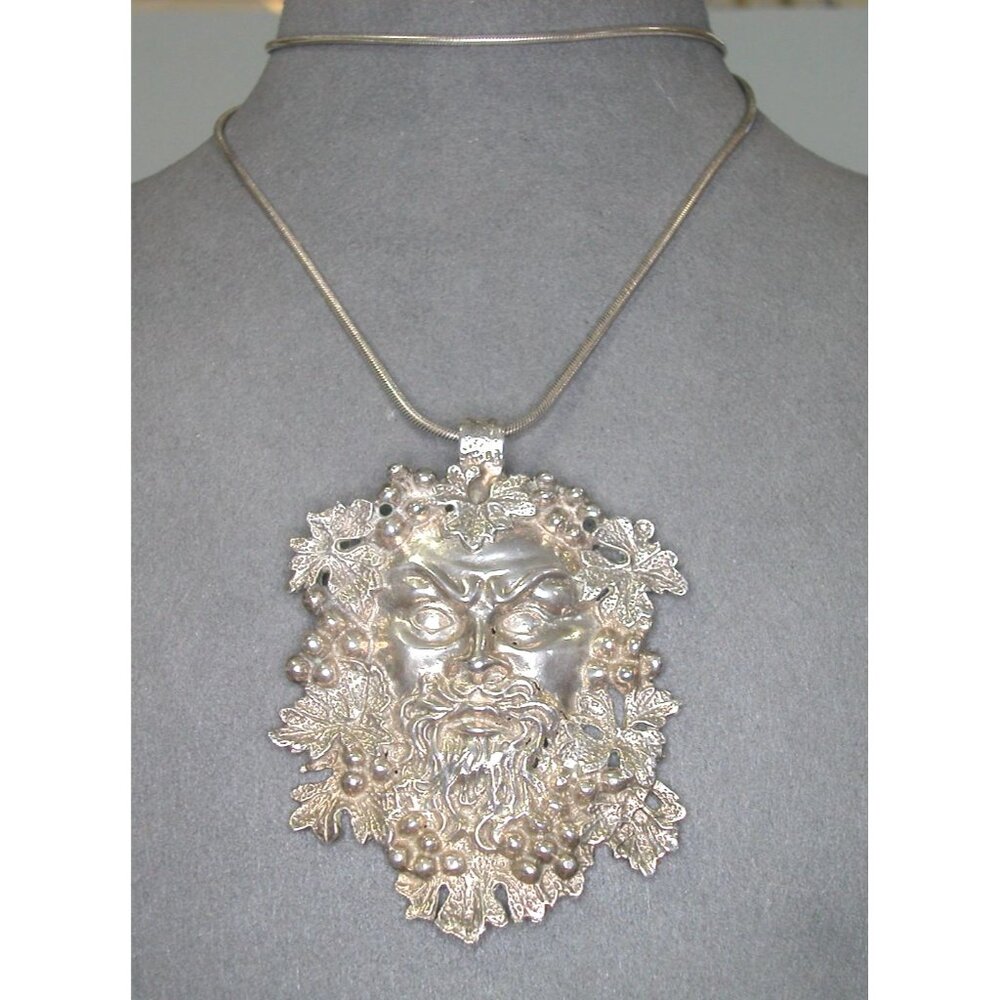 Bacchus/Green Man Silver Tone Pendant Necklace 22"